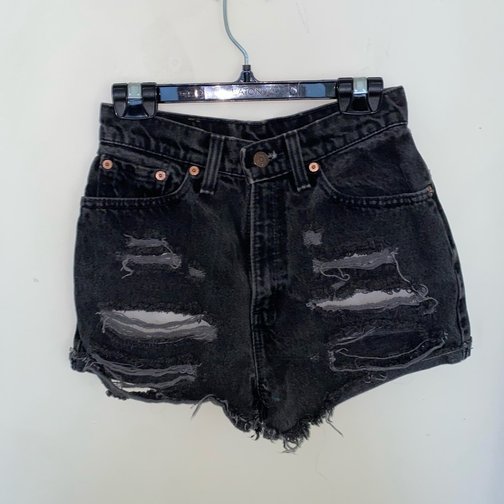 BUY 1 • GET 1 FREE - Levi’s 512 reworked black distressed cut off denim shorts
